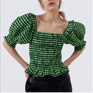 zara green/black gingham top